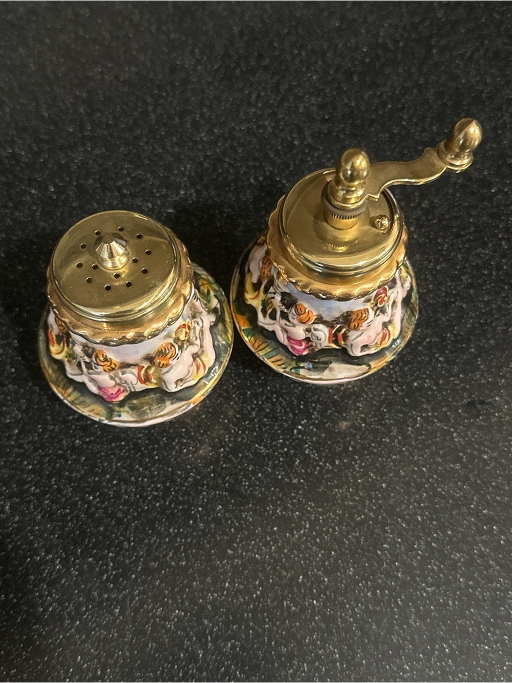 Italian Capodimonte Porcelain Brass Pepper Grinder & Salt Shaker Set Vintage - Picture 2 of 5